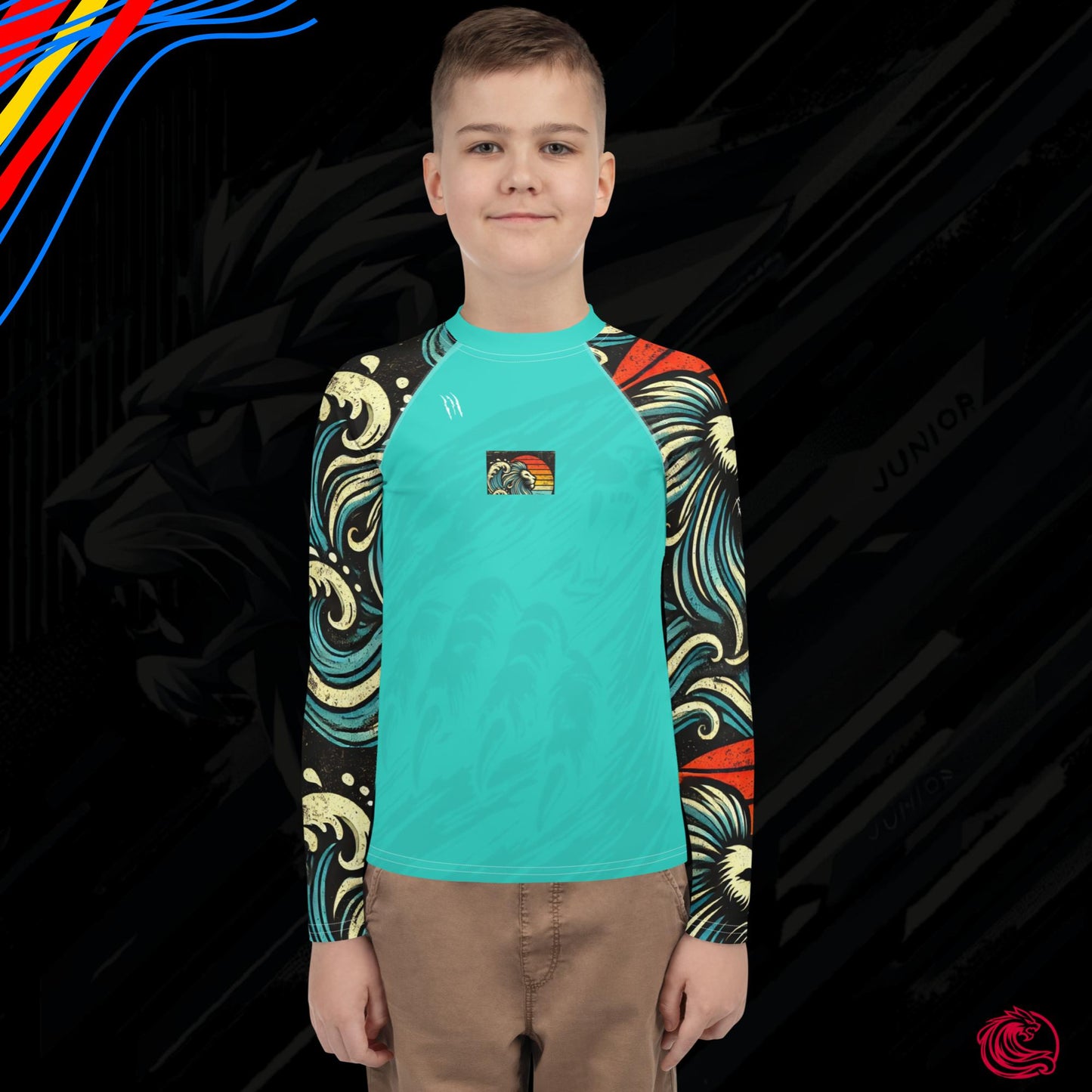 LION Sleeve Turquoise Blue Youth Rash Guard – UPF 50+ Sun Protection for Active Kids