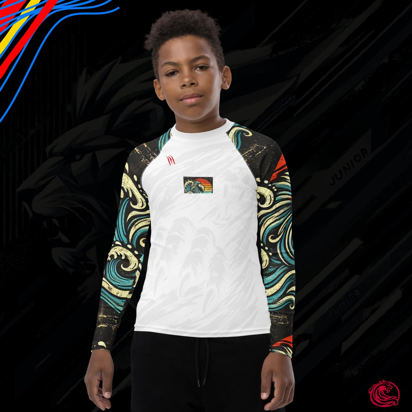 LION Sleeve White Youth Rash Guard – UPF 50+ Sun Protection for Active Kids