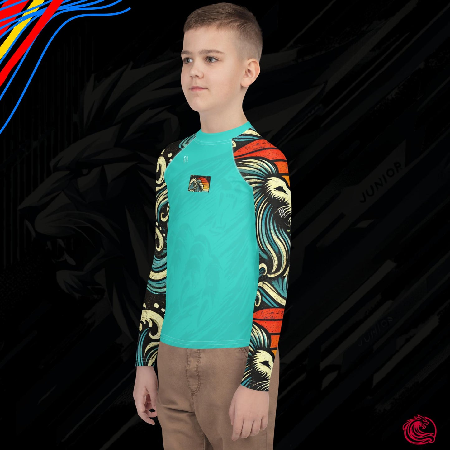 LION Sleeve Turquoise Blue Youth Rash Guard – UPF 50+ Sun Protection for Active Kids