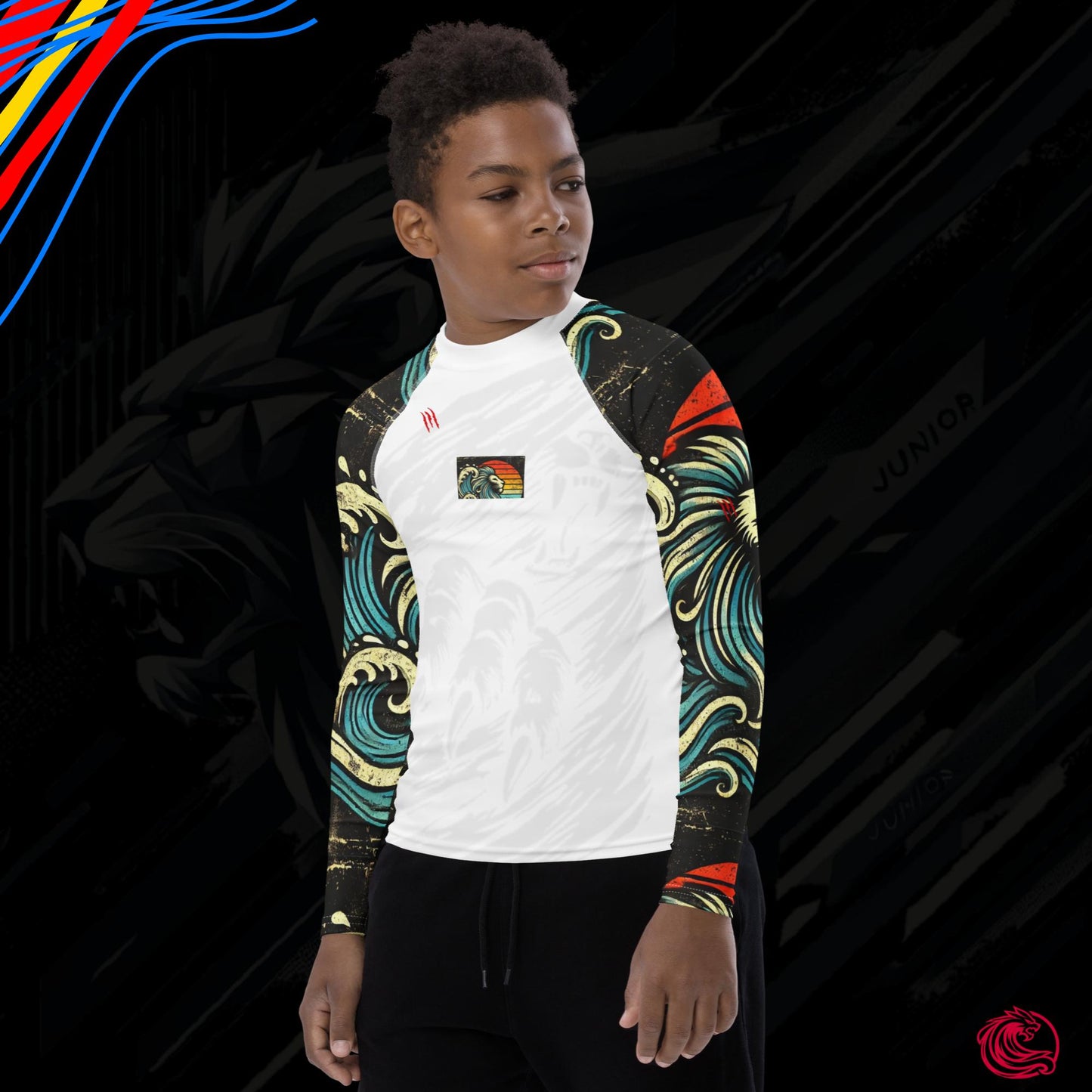 LION Sleeve White Youth Rash Guard – UPF 50+ Sun Protection for Active Kids
