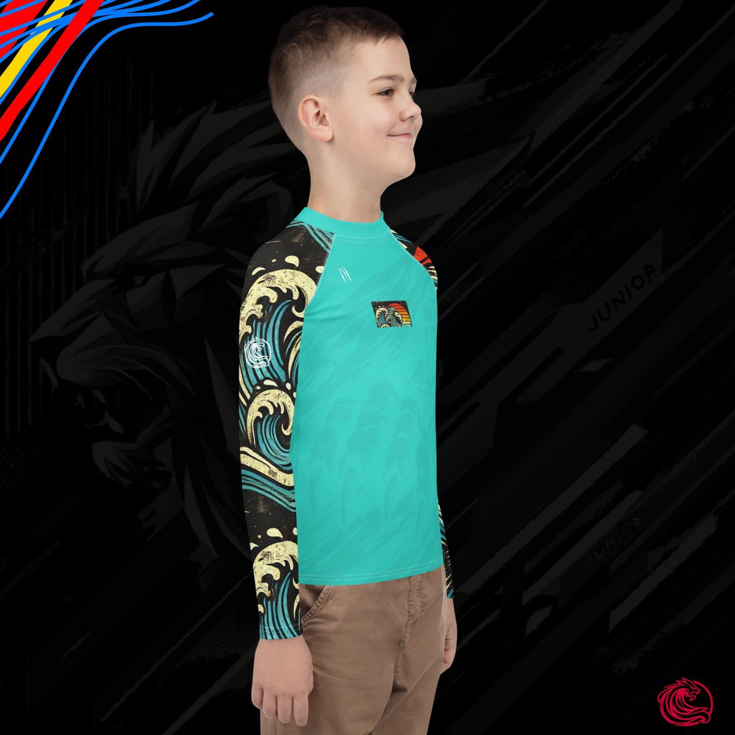 LION Sleeve Turquoise Blue Youth Rash Guard – UPF 50+ Sun Protection for Active Kids