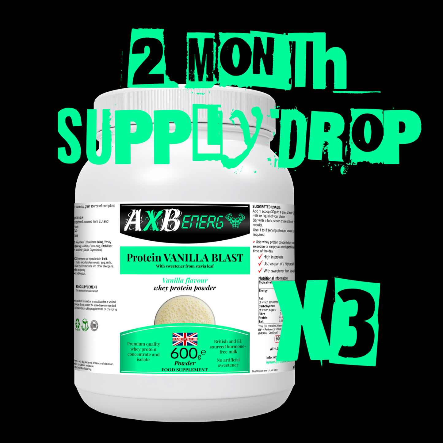2 Month Supply of AXB Energy Vanilla Protein Powder - The Gym Protein Supply Drop for Optimal Workout Recovery and Performance"