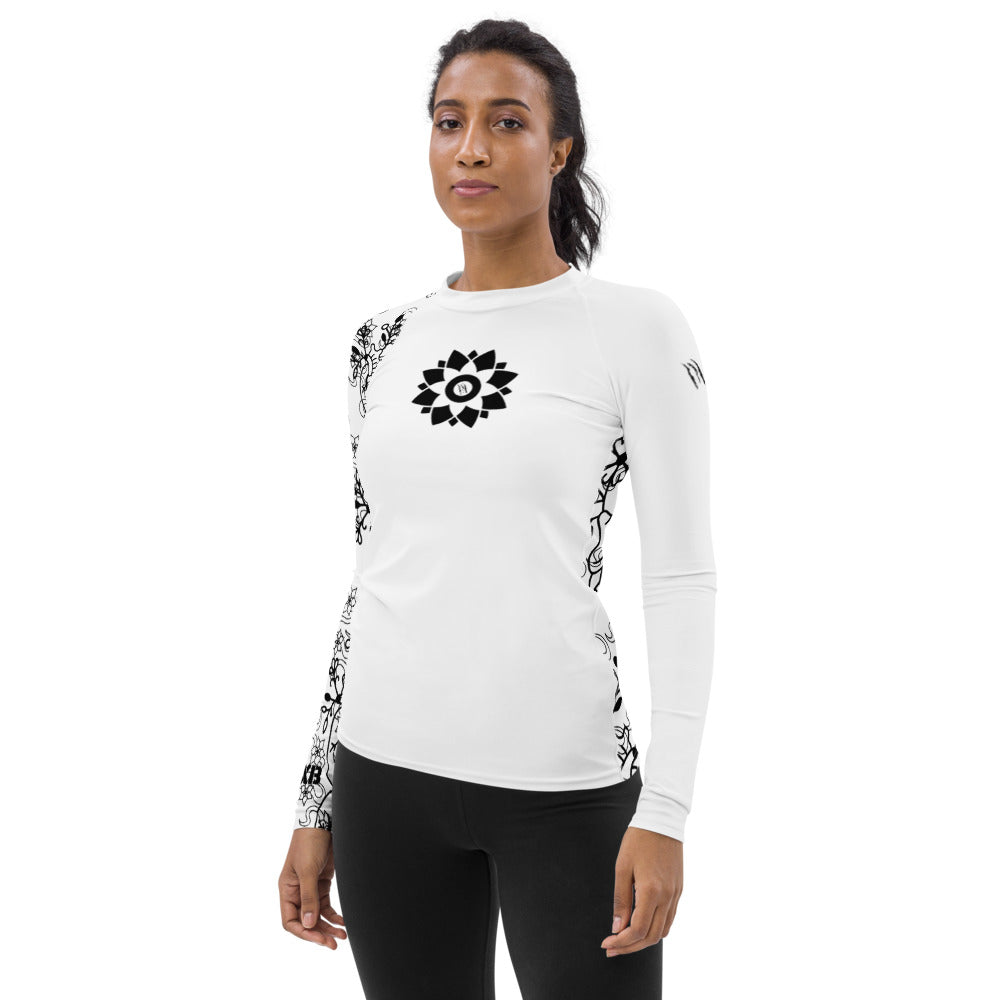 Heart Blossom White Women’s Rash Guard – UPF 38+ Elegant Protection for Active Women
